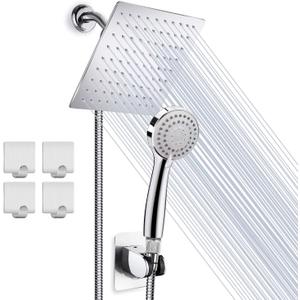Stainless Steel Shower Head/Handheld Combo Set, 8'' Rainfall with 60'' Hose, Anti-leak, Flow Regulator, Chrome, 4 Shower Hooks (Sliver)