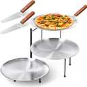 7 Pcs Pizza Pan Riser Stands Sets Includes 1 Pcs Tiered Tray Stand 3 Stainless Steel Pizza Pan and 3 Wood Handle Knife for Home, Restaurant Party (Silver)
