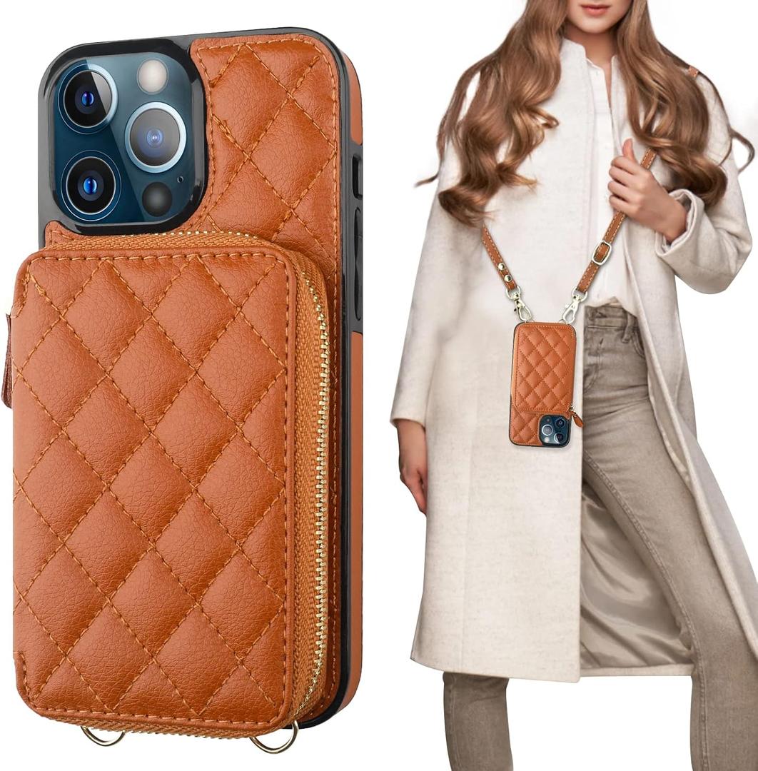 Bocasal Crossbody Wallet Case for iPhone 13 Pro Max, RFID Blocking PU Leather Zipper Handbag Purse Flip Cover, Kickstand Folio Case with Card Slots Holder Wrist Strap Lanyard 5G 6.7 Inch (Brown)