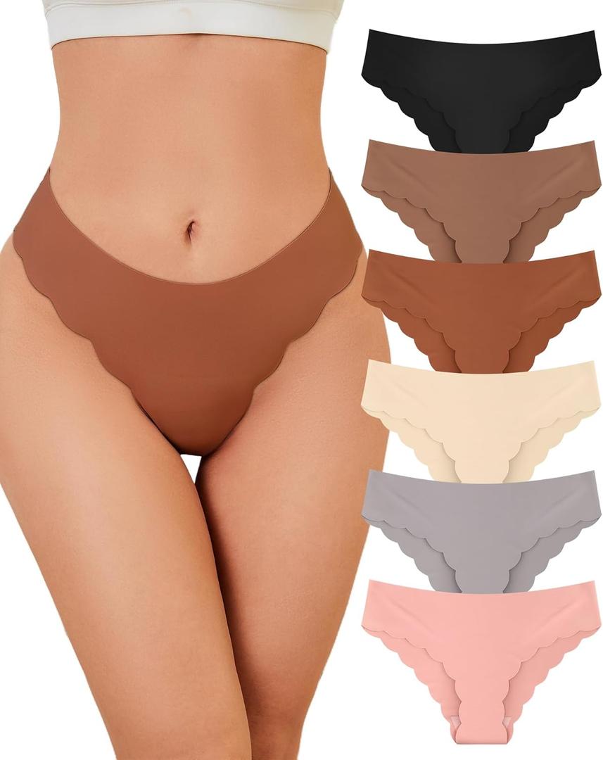 YSense Seamless Underwear for Women No Show Wave Low Hipster Invisibles Cheeky Underwear Sexy Bikini Panties 6 Pack (Medium, Black Caramel Reddish Brown Skin Tone Light Gray Coral)