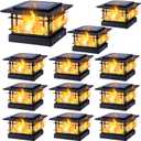 Dynaming 4x4 Solar Post Cap Lights Outdoor with Flickering Flame Light, Black Shell Fence Post Solar Lights Fit Vinyl/Wooden Posts, Brightness LED Lighting Decor for Garden Deck Patio, 12 Pack