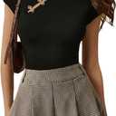 SOLY HUX Women's Cheongsam Top Cap Sleeve Mock Neck Ribbed Knit Fitted T Shirt Summer Going Out Tops (Large, Pure Black)