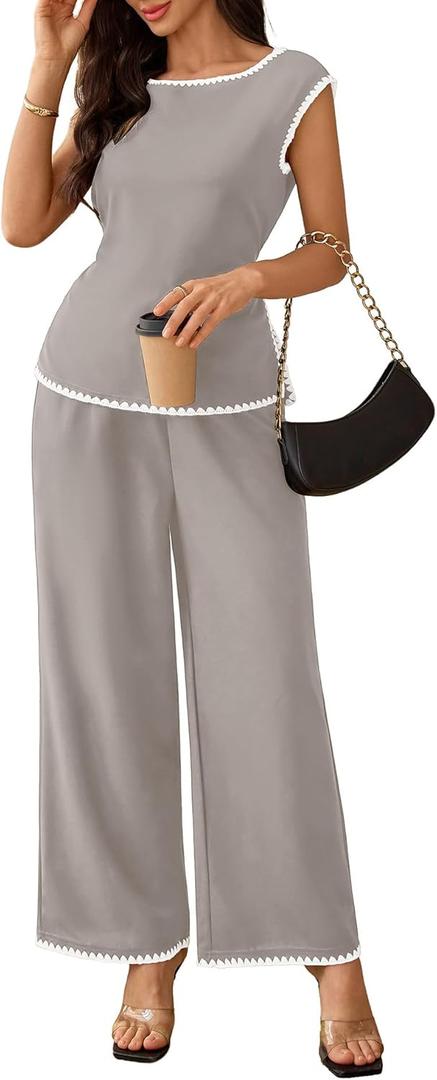 BeryLove 2 Piece Sets for Women Casual Short Sleeve Summer Tops and High Rise Wide Leg Pants Lounge Sets 601 Khaki S (S)