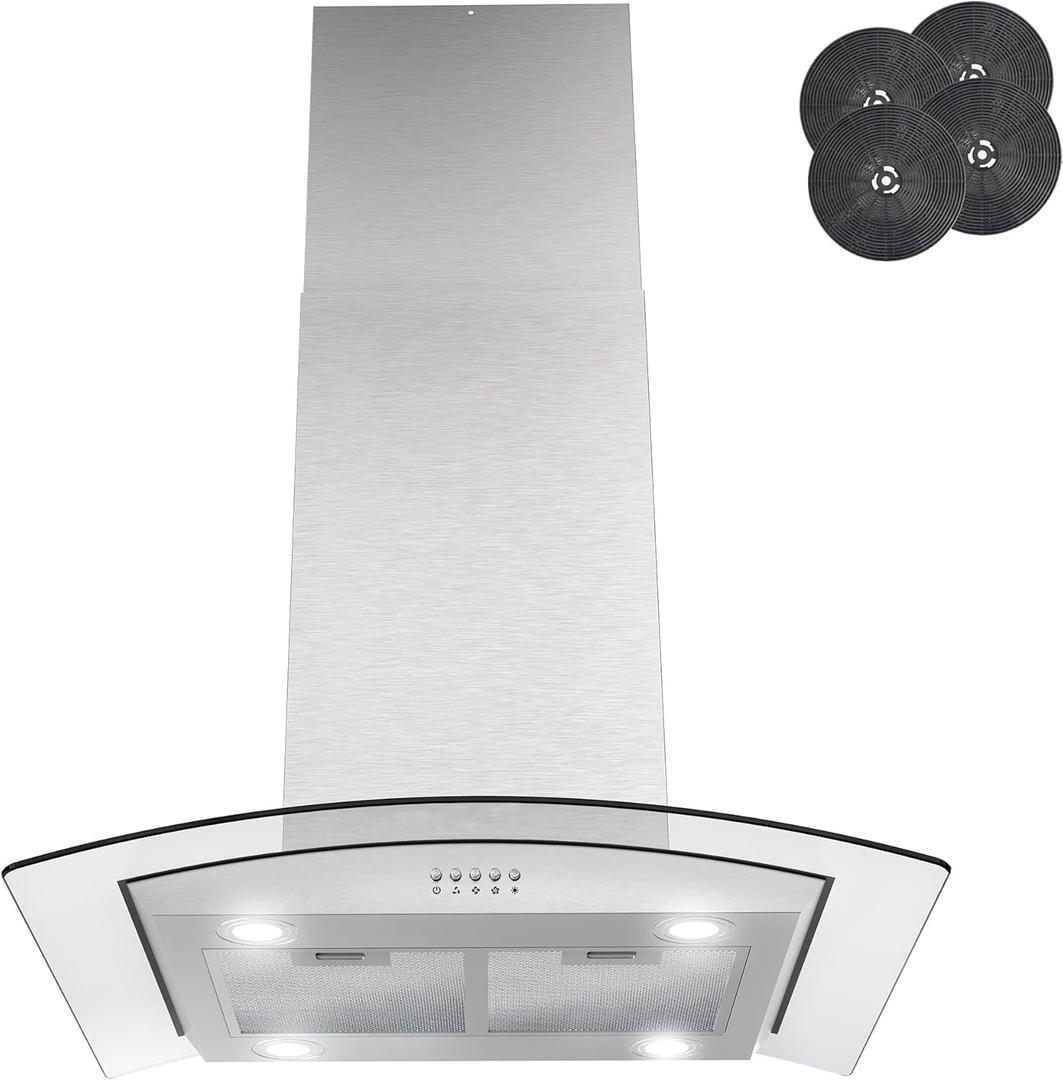 AKDY 30 in. Island Mount Range Hood, 3-Speed Fan and LED Lights in Stainless Steel with Tempered Glass, Convertible Range Hood Ducted to Ductless with 2-Sets of Carbon Filters