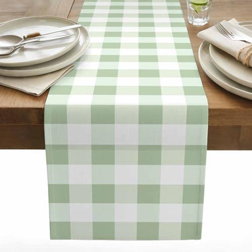 Sage Green Buffalo Plaid Table Runner 72 Inches Long Country Farmhouse Green White Plaid Gingham Cotton Linen Dining Table Runner Tabletop Decoration for Kitchen Restaurant Party 13" x 72"
