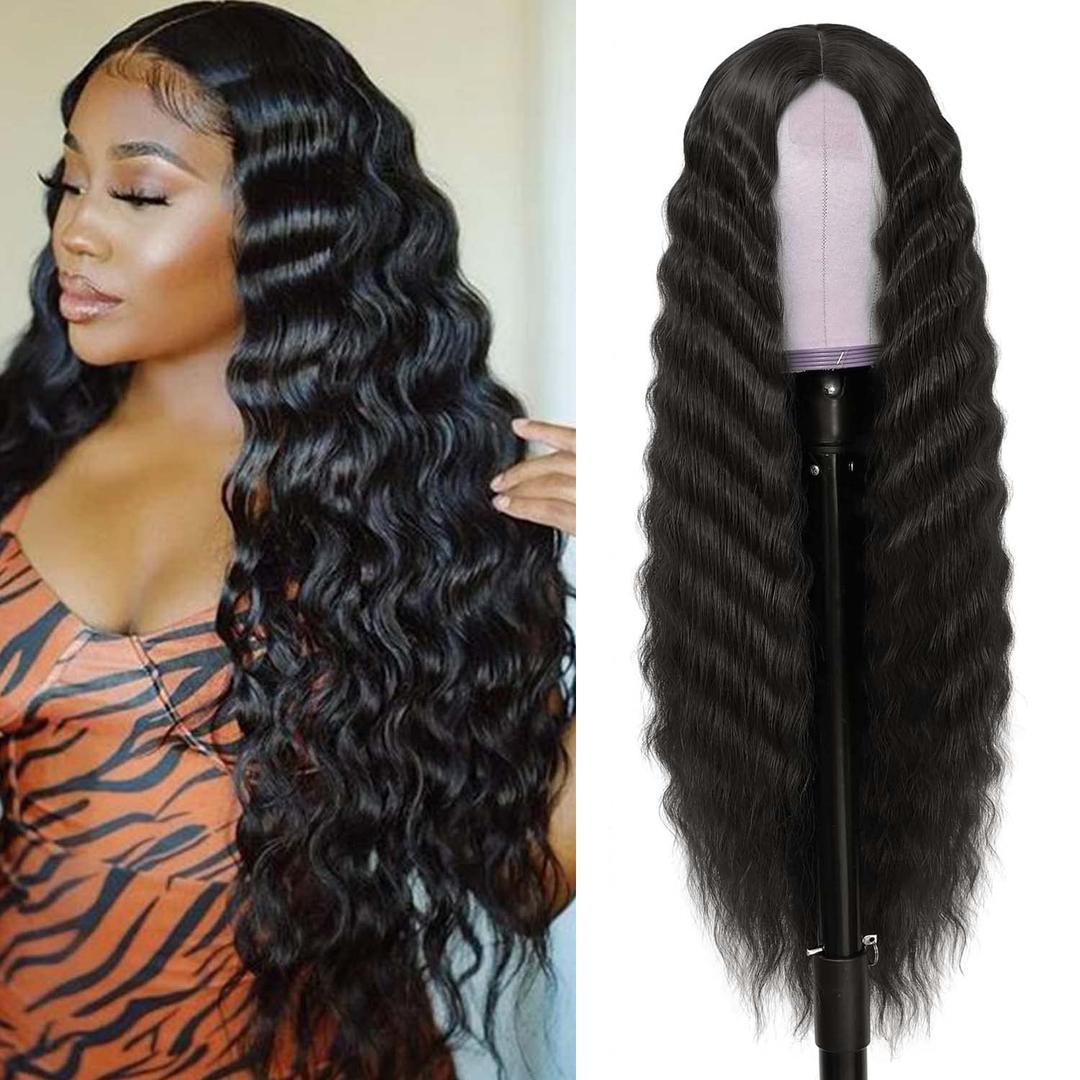30 Inch Synthetic Curly Wigs for Women Long Black Hair Wig Lace Front 4" Simulated Scalp Natural Loose Deep Wave Crimps Curls Wig As Hair Replacement Wigs 1B