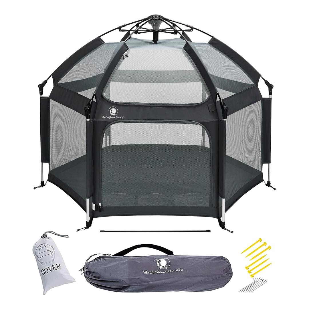 POP 'N GO PLAYPEN - Indoor & Outdoor Baby Playpen for Babies and Toddlers - Baby Beach Tent, Foldable, Portable W/Canopy, Travel Bag, & Mosquito Net - Pop Up Pack and Play Tent (Black) (Charcoal Black)