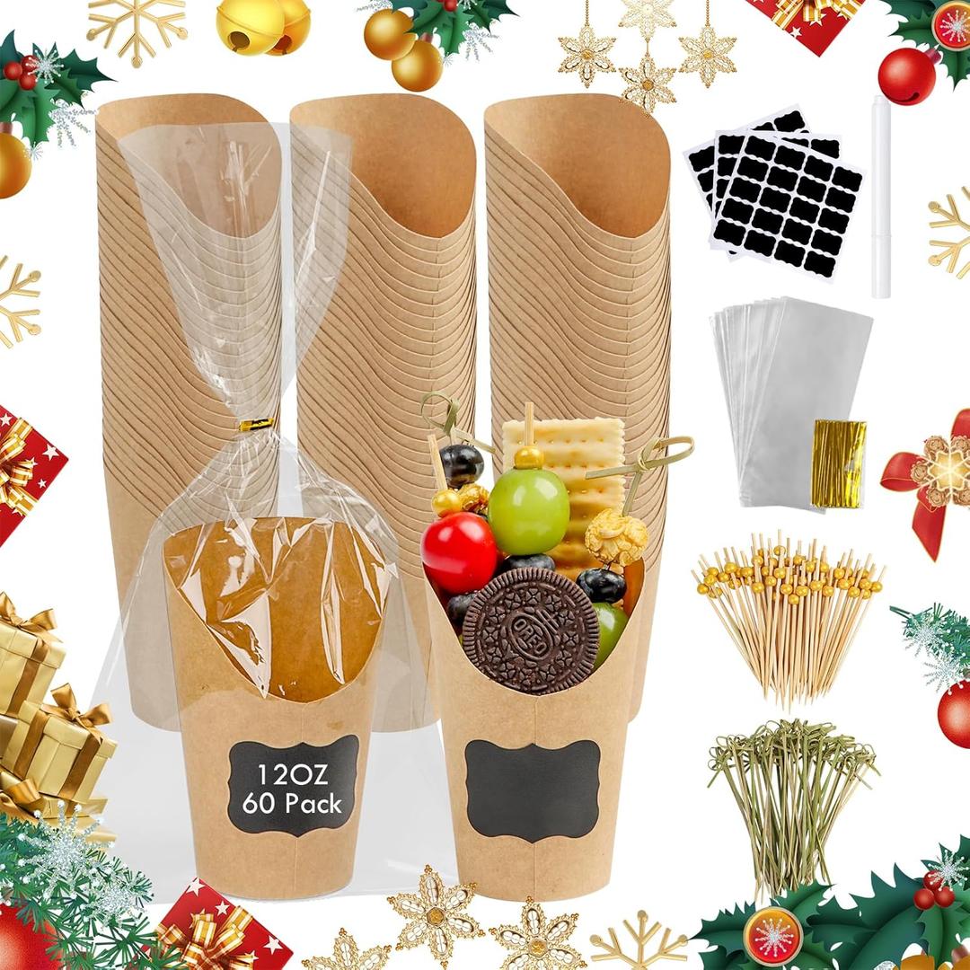 521 Pcs Charcuterie Cups with Sticks and Bags, 12oz Disposable Brown Paper Charcuterie Cup, 60pcs French Fry Holder with Labels, 100 Bags Ties Cocktail Picks Skewers and 1 Marker, Take Out Containers