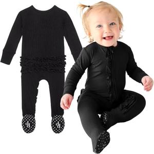 Posh Peanut Footie Pajamas for Baby Girls  Sleepers in Viscose from Bamboo with 2-Way Zipper & Ruffle Trim (6-9 Months, Solid Ribbed Black)