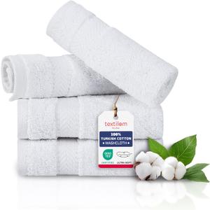 TEXTILOM Washcloths for Body and Face  Hotel and Spa Quality & Soft & Absorbent & Quick Dry Wash Cloths for Your Body  100% Turkish Cotton Wash Clothes Towel Set of 4 (13 x 13 inches) - White