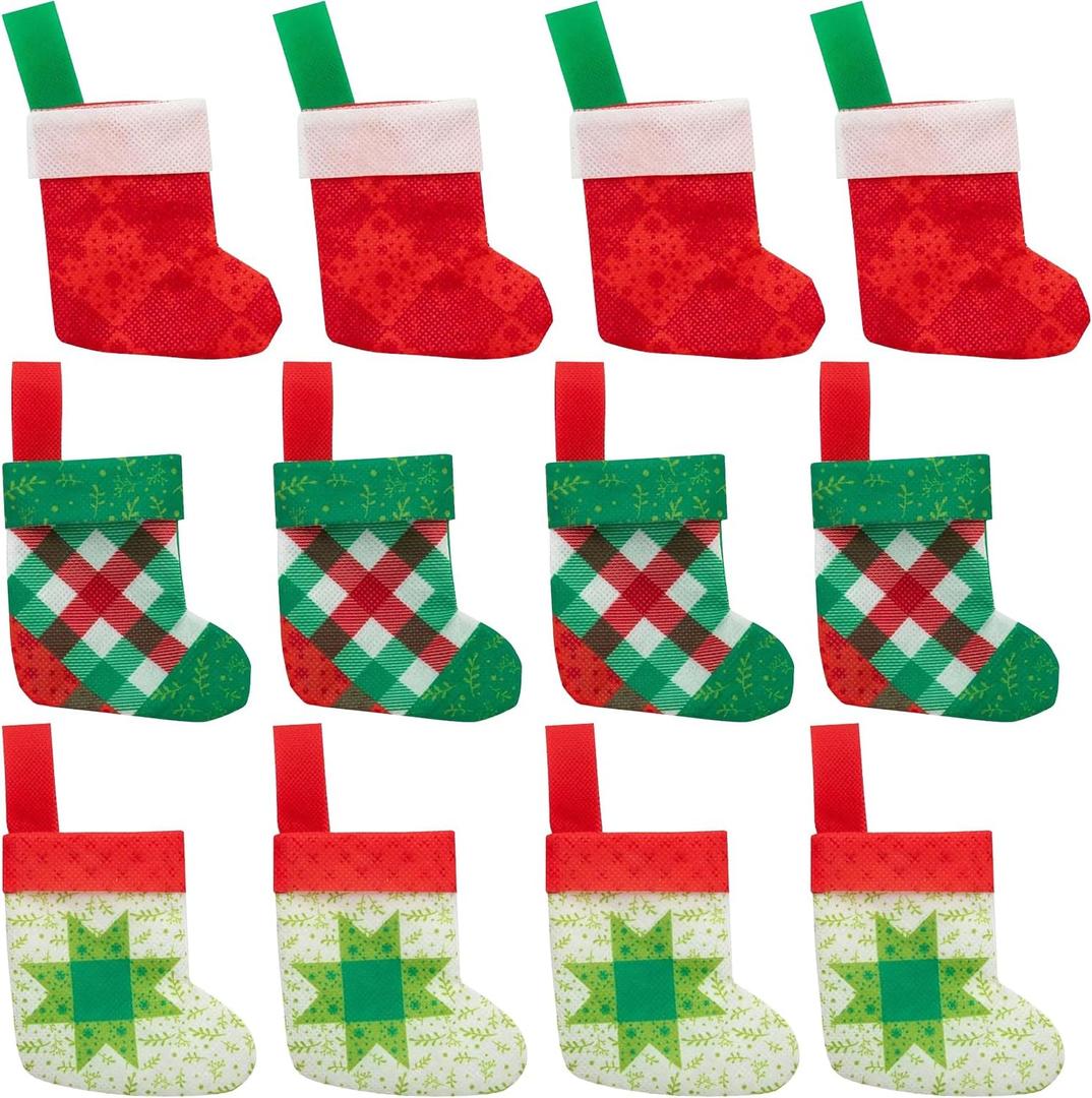 Fun Express 3 1/2" x 4" Patchwork Mini Christmas Stocking Decorations - 12 Pieces