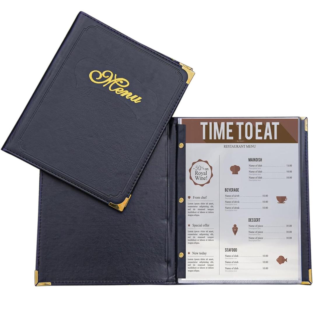 Menu Covers Premium Faux Leather - Menu Holder 8.5" x 11" with Transparent Sleeve - 7 Page 14 View for Restaurants, Bars, and Cafes (2-Pack) (Black)