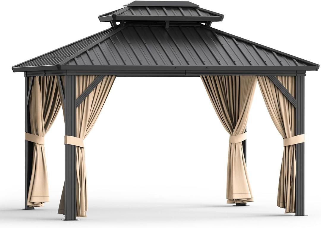 10x12 FT Hardtop Gazebo with Double Roof, Heavy Duty Aluminum Frame Patio Gazebo with Netting, All-Weather Protection Metal Canopy for Patio, Garden, Poolside (Khaki)