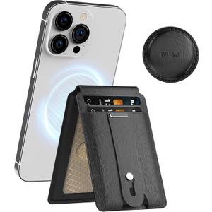 MiLi for Magsafe Wallet Stand with Airtag Holder, Magnetic Wallet Phone Stand with Detachable Case for AirTag, Card Holder for iPhone 16/15/14/13/12 Series, PU Leather, Black (4 Slots)