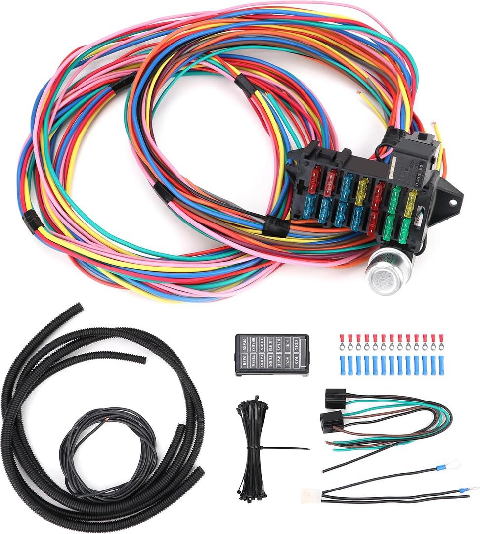 14 Circuit Wiring Harness Universal for Street Muscle Car Hot Rod Rat XL Copper Wire Harness 12V Fuse Wiring Harness Kit Compatible with Chevy Ford Chrysler Mopar Muscle Car