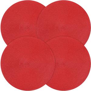Round Christmas Placemats Set of 4 Table Mats for Dining Kitchen Tables Decorations Natural Woven Heat Resistant Place Mats 15 Inch Trivets for Hot Pots and Pans (Red)