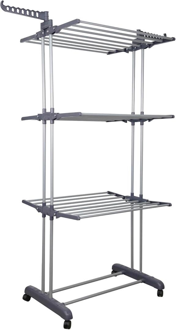 Clothes Drying Rack 3-Tiers with Retractable Trays, Collapsible Shelves, Rolling and Base with Casters, Stainless Laundry Dryer Indoor or Outdoor Standing Rack