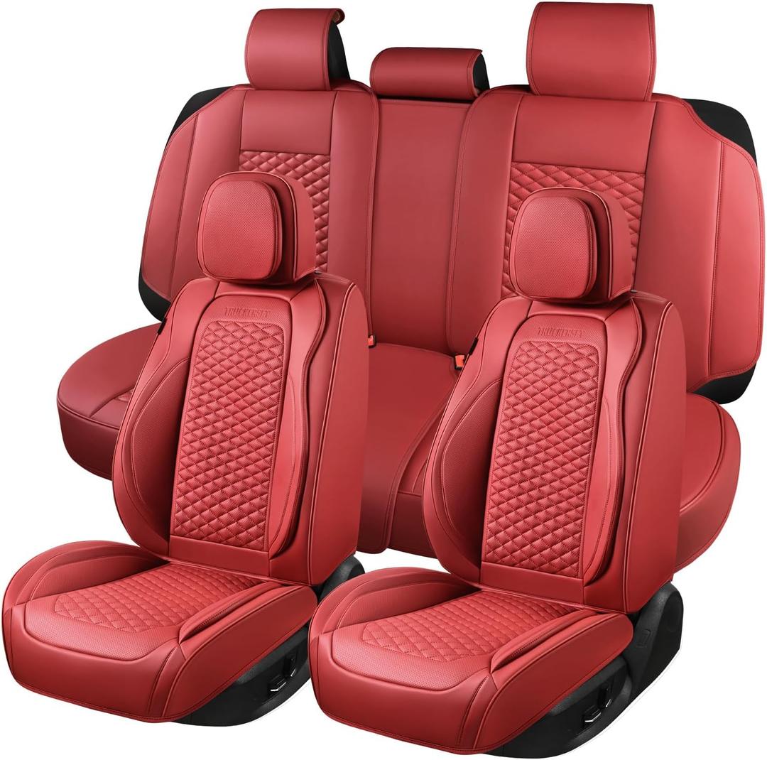 truckerset Car Seat Covers Full Set, Leather Seat Covers for Cars, 5 Pcak Breathable Seat Cover, Suitable for SUV/Truck/Sedan/Automotive (Burgundy)