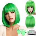 Bob Wig, 12 Inch Short Bob Wig with Bangs,Straight Cosplay Wig,Heat Resistant,Adjustable Straps Wigs for Women Girl with Wig Cap (Kelly Green, 12 Inch)