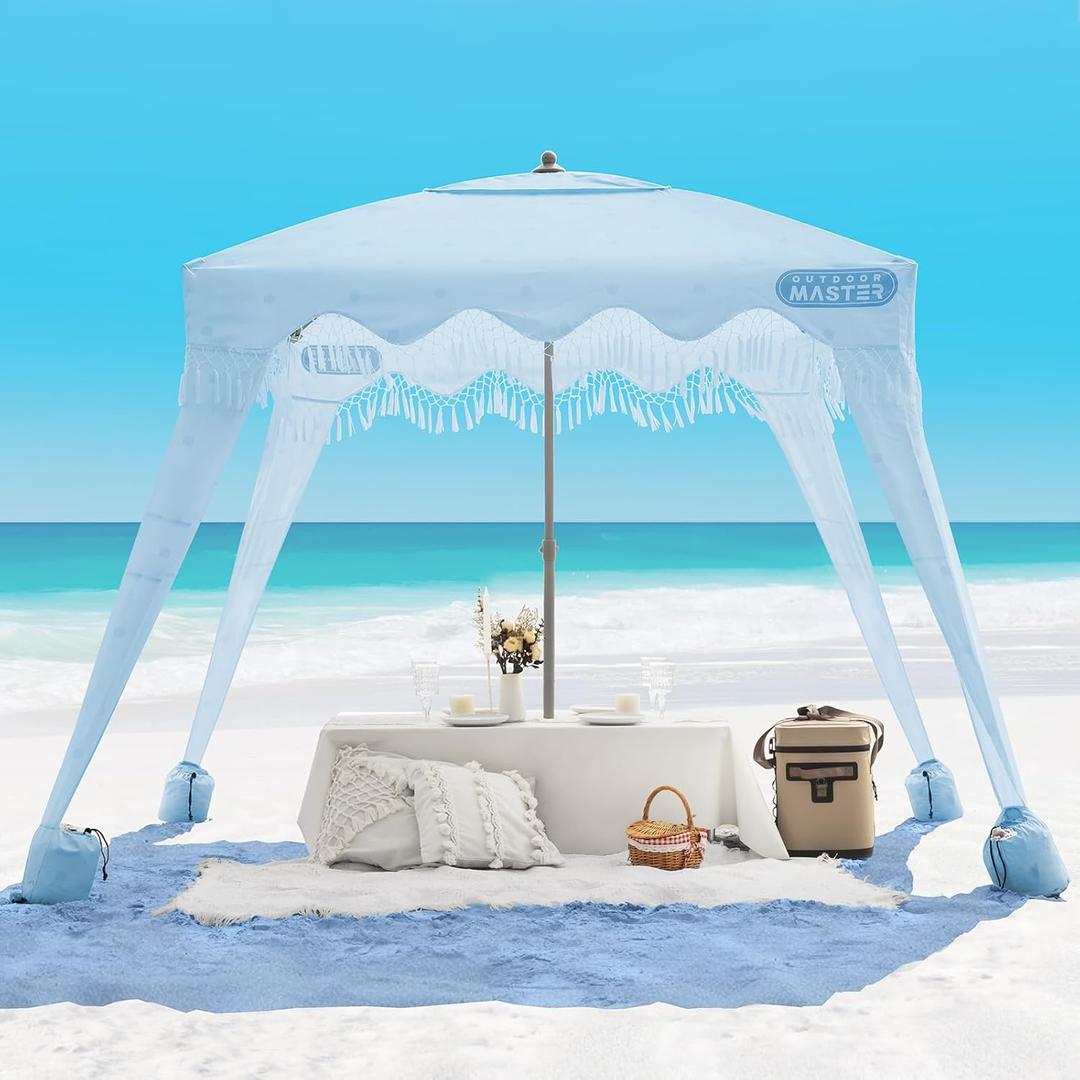 OutdoorMaster Beach Cabana with Fringes, Portable 6' x 6' Beach Canopy for Sand, Easy Set Up Beach Shelter, Included Side Wall, UPF 50+ UV Protection Sun Umbrella - for Family & Friends (Wave Point)