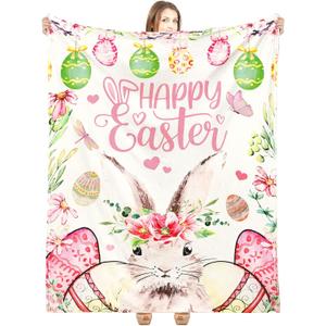 Buryeah Easter Hunny Bunny Throw Blanket Pink Easter Eggs Flowers Bunny Spring Gift 60 x 50 Inches Happy Soft Blanket Rabbit Birthday for Home Bed Sofa Couch Decor