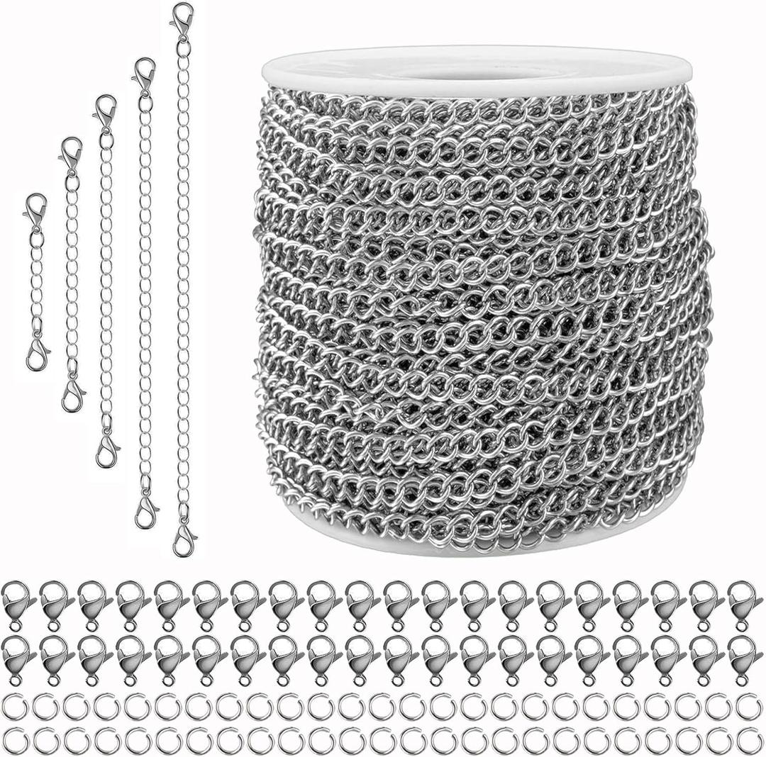 55ft Silver Stainless Steel Curb Chain for Jewelry Making, Twist Link Chain for Bracelet,Jewelry Chain with 100 Pcs Jump Rings and Lobster Clasps for DIY Necklace Hanging,Dog Tag,Keychain(4x3x0.8mm)