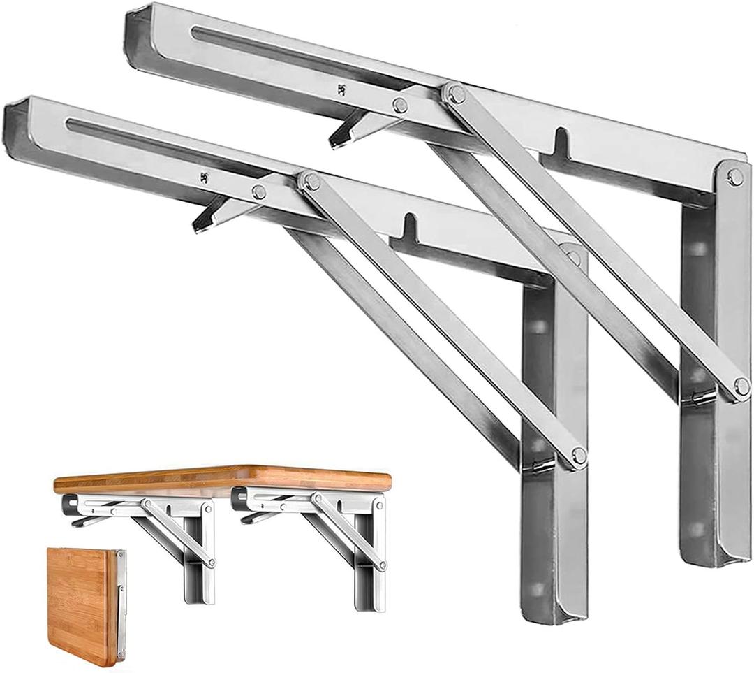 Storystore Folding Shelf Brackets - 16 Inch Heavy Duty Stainless Steel Collapsible Shelf Bracket for Bench Table, Space Saving DIY Bracket, Max Load: 550lb 2 PCS