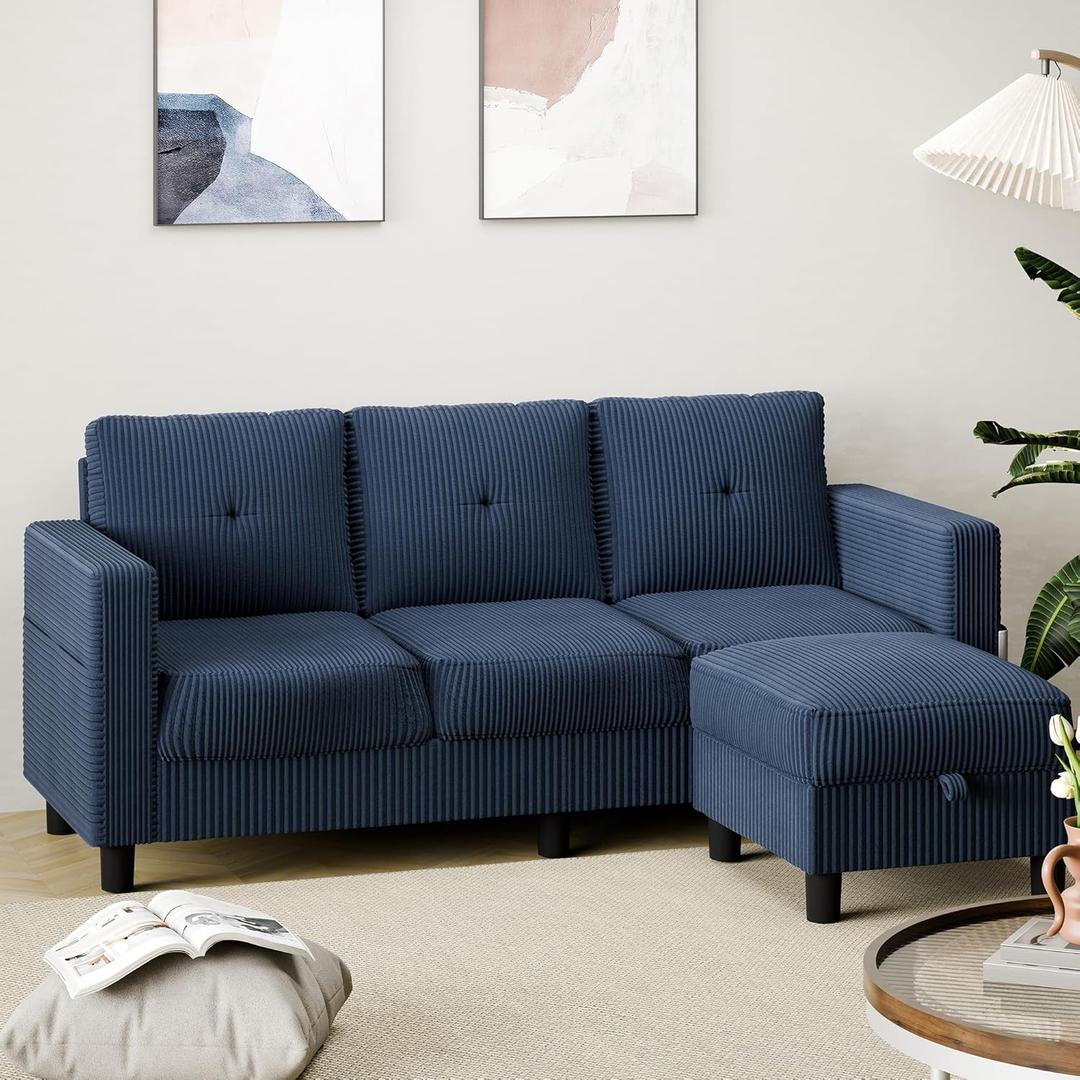 Shintenchi 76" Modern Upholstered Sectional Sofa, L-Shaped Couch with Storage Ottoman and Reversible Chaise for Living Room, Blue Corduroy Fabric