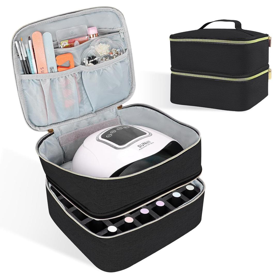 Nail Polish Organizer Holds 30 Bottles (15ml - 0.5 fl.oz) Double-layer Gel Nail Polish Kit Case, Nail Holder for Nail Lamp, Portable Nail Organizer and Storage for Nail Supplies (Black)