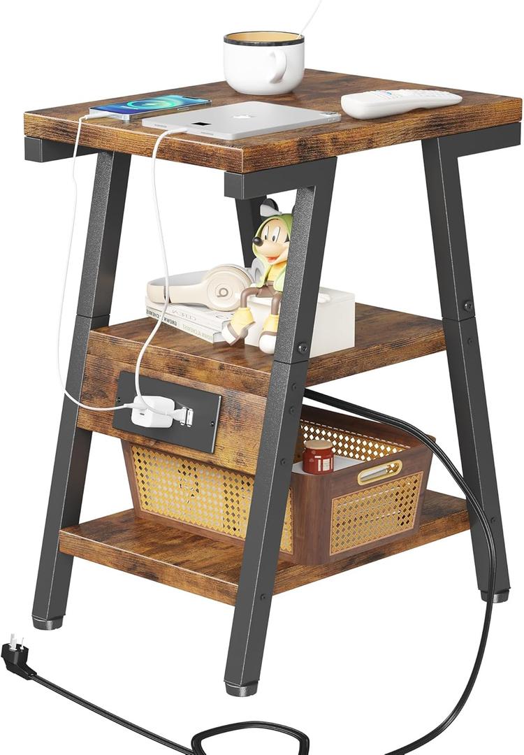 SIde Table with Charging Station, Small End Tables with Lucky 7 Metal Shape, 3-Tier Nightstand with Outlets and USB Ports, Adjustable Leveling Feet, Side Table for Living Room, Bedroom (Rustic Brown)