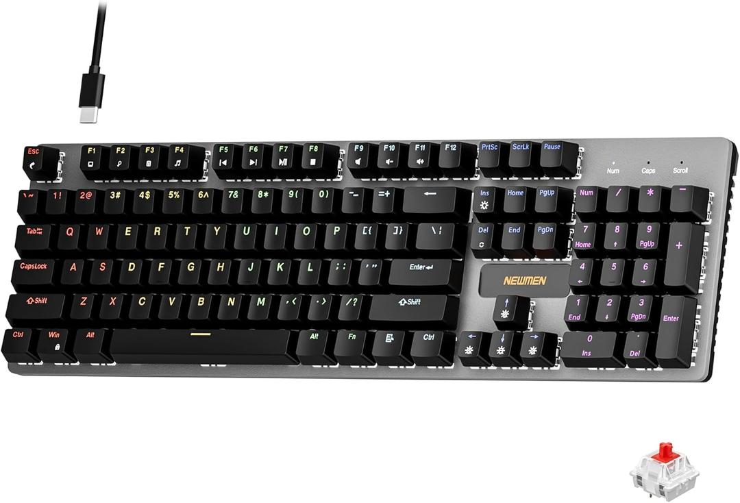 Newmen GM325Pro Mechanical Keyboard,104 Keys Rainbow LED Backlit Wired Gaming Keyboards,Hot-Swap Metal Panel ABS Black Keycaps Gaming Mechanical Keyboard for Windows Laptop PC Linear Red Switches