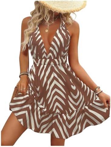 SOLY HUX Women's Allover Print Summer Dress Halter Deep V Neck Ruffle Hem Short Dresses M