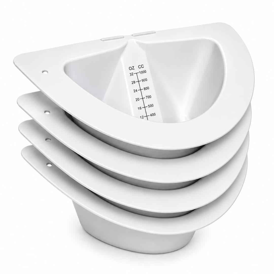 Vakly Graduated Specimen Collector Pan 32 oz (4 Pack) Durable Urine Measuring Toilet Hat with Pour Spout & Flat Bottom for Hospitals, Nursing Homes, Labs & Home Use