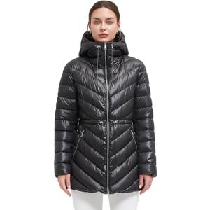 Women's Winter Warm Long Stylish Shiny Coat Outwear Pockets Quilted Thicken Hooded Parka Jacket with Adjustable Waist (Black, L)
