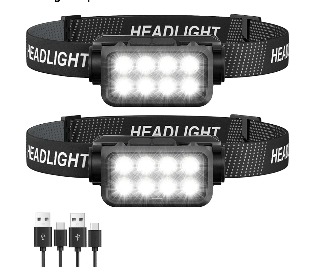 Rechargeable Headlamp Flashlight 2-Pack, 8 LED 2500 Lumen Ultra-Light Bright Headlight, Waterproof Lightweight Head Lamp for Adult Kid, Headlamps for Outdoor Camping Running Fishing