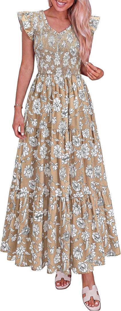 PRETTYGARDEN Women's Boho Floral Maxi Dress 2026 Summer Smocked V Neck Ruffle Sleeve Spring Flowy Beach Vacation Sundresses (Khaki White Floral, Medium)