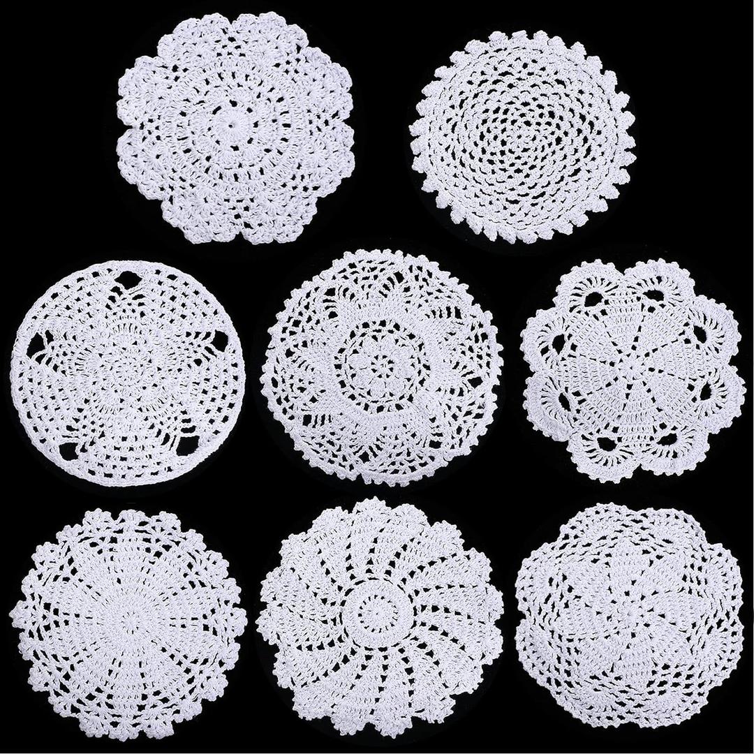 Chuangdi 8 Pcs Handmade Crochet White Lace Doilies for Tables Round Lace Placemat Rustic Table Coasters Decors for Kitchen Dining Room Party Dressers Dream Catcher Decoration(White)