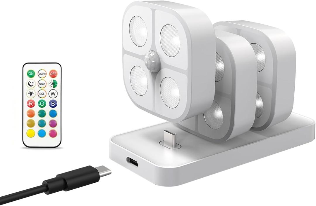 3 Pcs Wireless Step Light Rechargeable Puck Light with Charging Station, RGB Motion Sensor Disc Lights, LED Wardrobe Lights, for Cabinets, Wardrobes, Stairs, Bedside Ambient