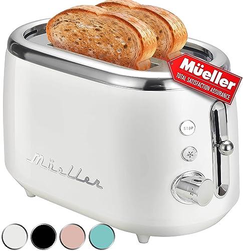 MÜELLERHOME Retro Toaster 2 Slice, 7 Browning Levels, 3 Functions (Reheat, Defrost, Cancel), Stainless Steel Features, Removable Crumb Tray, Under Base Cord Storage, White Toaster Kitchen Appliances