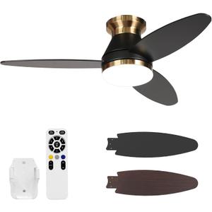 Flush Mount Ceiling Fans with Lights 42 Inch, 3 Blade LED Low Profile Ceiling Fans with Remote for Bedroom Living Room Patio, Dimmable, 3CCT, Quiet Reversible DC Motor, Black Gold