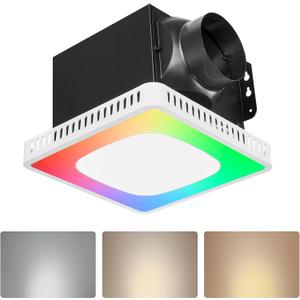 VEVOR Bathroom Exhaust Fan, 80-110-130 CFM Bathroom Vent with Seven Colors RGB Lights, 1.5 Sones Low-Noise, Premium DC Motor Ceiling Fan for KTV Laundry Room, Storage Room, Ventilation, White