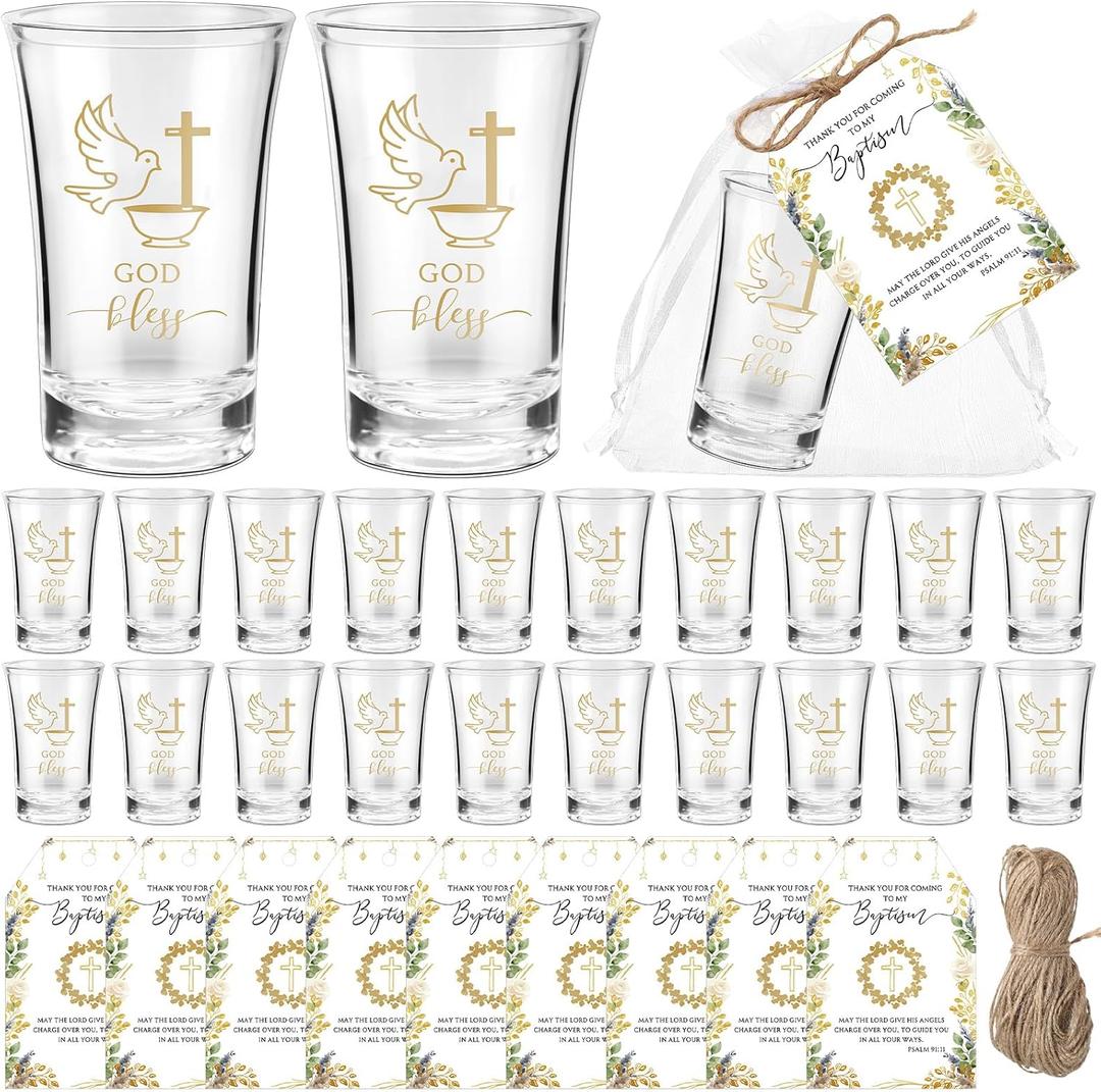 Roshtia 50 Sets First Communion Favors Baptism Favors for Guests God Bless Shot Glasses with Thank You Tags and Bags for Baby Shower Biblical Christian Gifts Baptism Party Gift