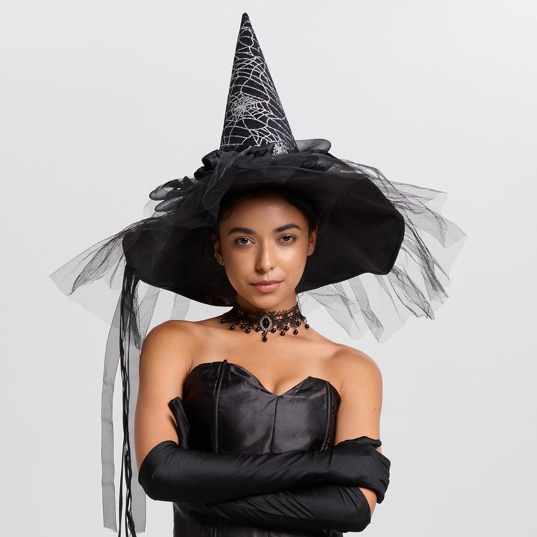 Halloween Witch Hat-Classic Black Felt Hat for Women, Girls, Party Costume Accessory(LED Glowing & Classic Versions) (Black With Cobweb-without Lights)