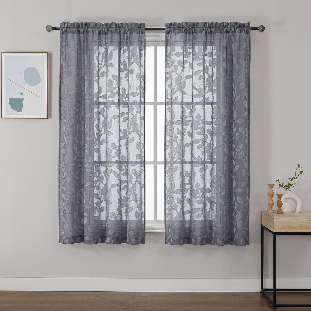 OVZME Grey Sheer Curtains 63 inches Long 2 Panels for Living Room, Jacquard Clip Leaf Pattern Textured Light Filtering Window Semi Sheer Voile Drapes for Bedroom, Each Panel 42 x 63 Inch