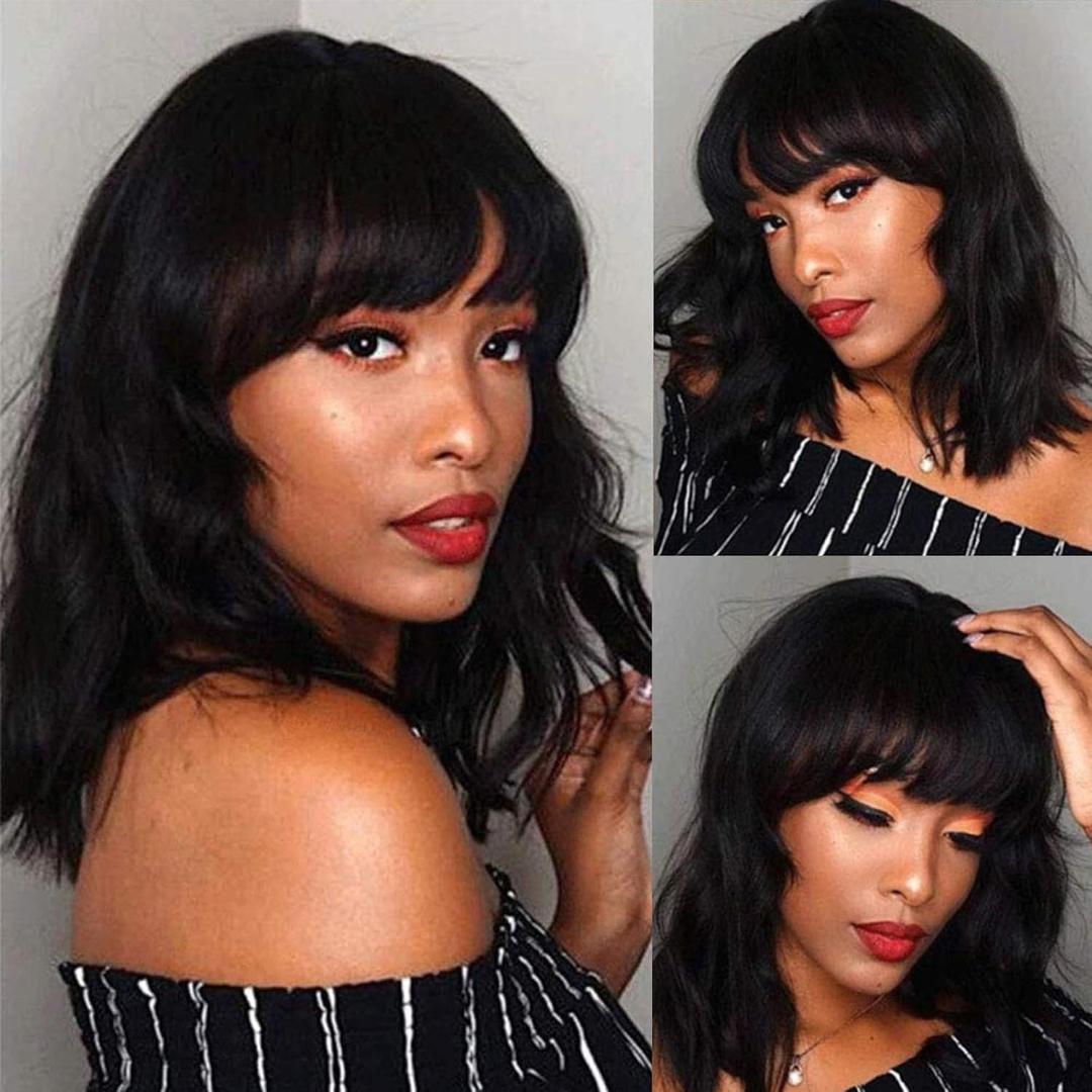 Black Bob Wigs with Bangs Short Wavy for Women Girls Shoulder Length Heat Resistant Synthetic Daily Party Halloween Cosplay Costume Wig 14 Inch