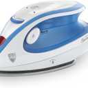 Sunbeam Hot-2-Trot Travel Steam Iron, 800 Watt Dual Voltage 120/240, Compact Size, Portable, Non-Stick Soleplate, Soft Touch Handle, Horizontal or Vertical Use, White and Blue