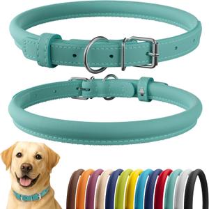 CollarDirect Rolled Leather Dog Collar, Soft Padded Round Puppy Collar, Handmade Genuine Leather Collar Dog Cat Collars 13 Colors (18-22 Inch, Mint Green Smooth)