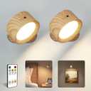 LED Wall Mounted Lights, Rechargeable Wall Sconces, 3 Color Temps, Remote & Touch, 360 Rotating and Dimmable for Bedroom, Bedside & Reading (Wood, 2 Pack)