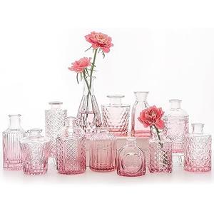 SUPMIND 12Pcs Glass Bud Vase Set, Small Flower Vase for Centerpieces, Pink Bud Vases in Bulk, Mini Vintage Vase for Rustic Wedding Decorations