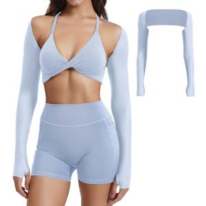 YEOREO Women Crop Top Long Sleeve Bolero Open Front Workout Cropped Shirts Sports Shrug (Small, Blue)
